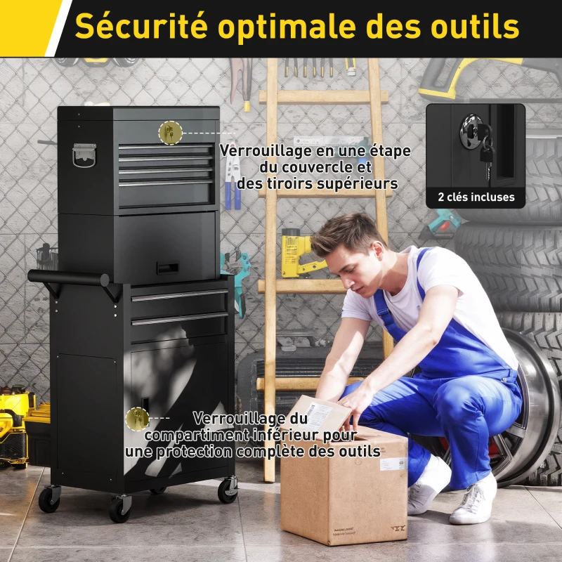 HOMCOM Servante d'atelier en acier verrouillable, chariot à outils sur roulettes 3 en 1 avec 6 tiroirs et panneau perforé, noir