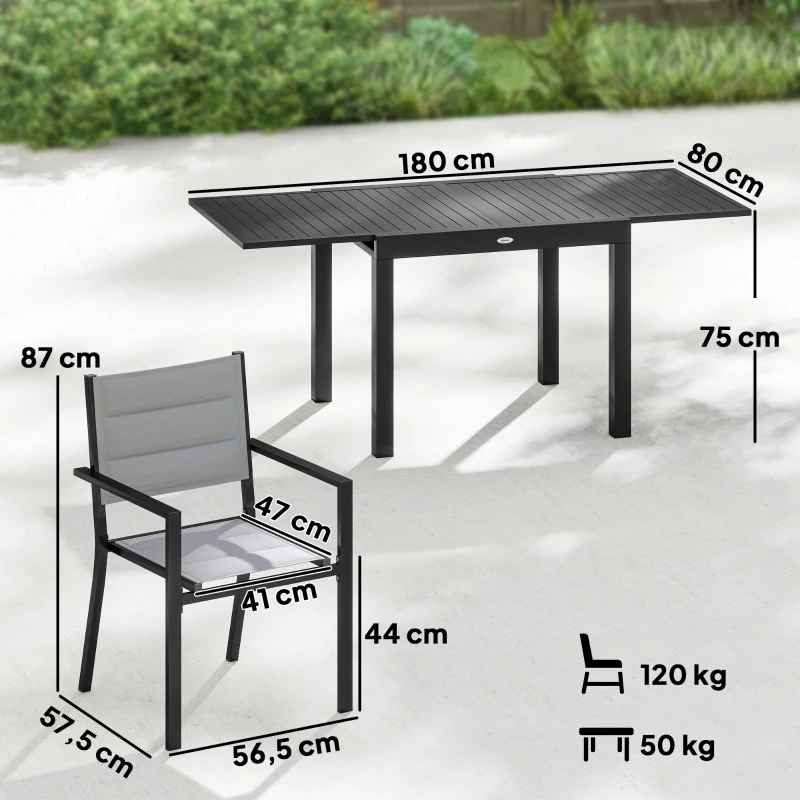 Outsunny Salon de Jardin 7 Pièces Table Extensible Aluminium 6 Chaises Empilables Textilène Rembourré 90/180 x 80 x 75 cm Gris