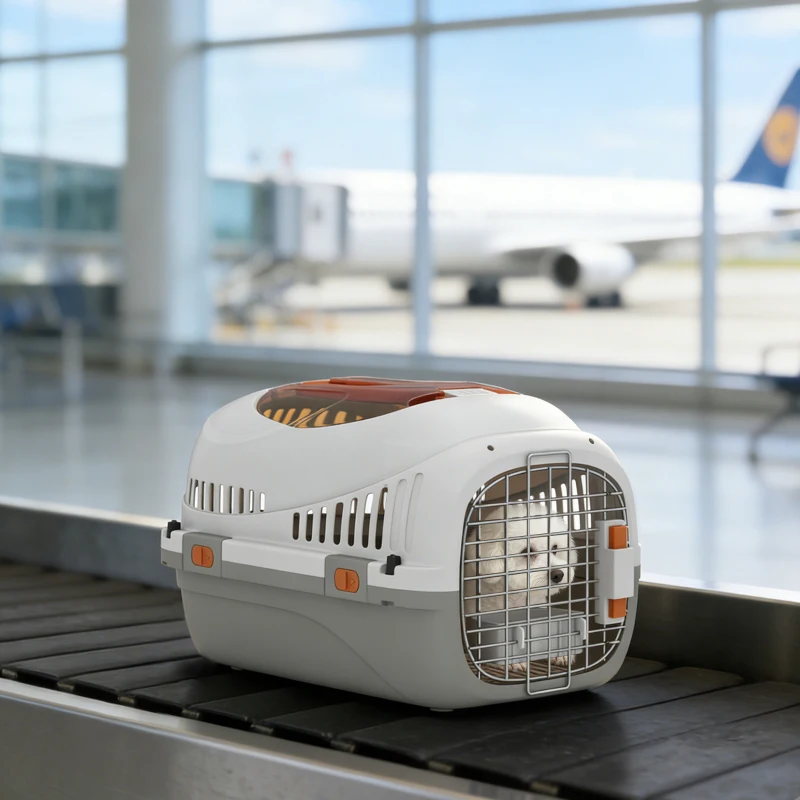 PawHut Caisse de transport chat et chien, cage de transport avec porte acier, bol de nourriture, 49 x 32 x 31 cm, gris et crème