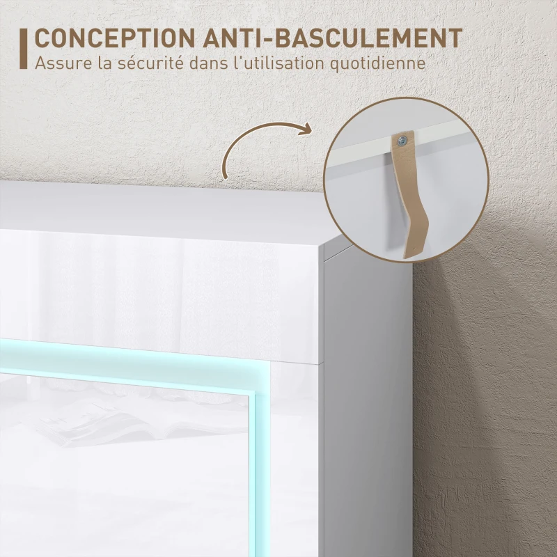 HOMCOM Buffet salon, meuble de rangement avec éclairage LED 4 tiroirs portes à fermeture douce 120 x 34 x 80 cm, blanc brillant