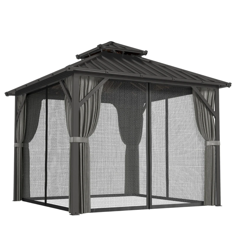 Outsunny Pavillon 3 x 3 m à toit rigide avec cadre en aluminium et toit double en acier galvanisé, gris foncé