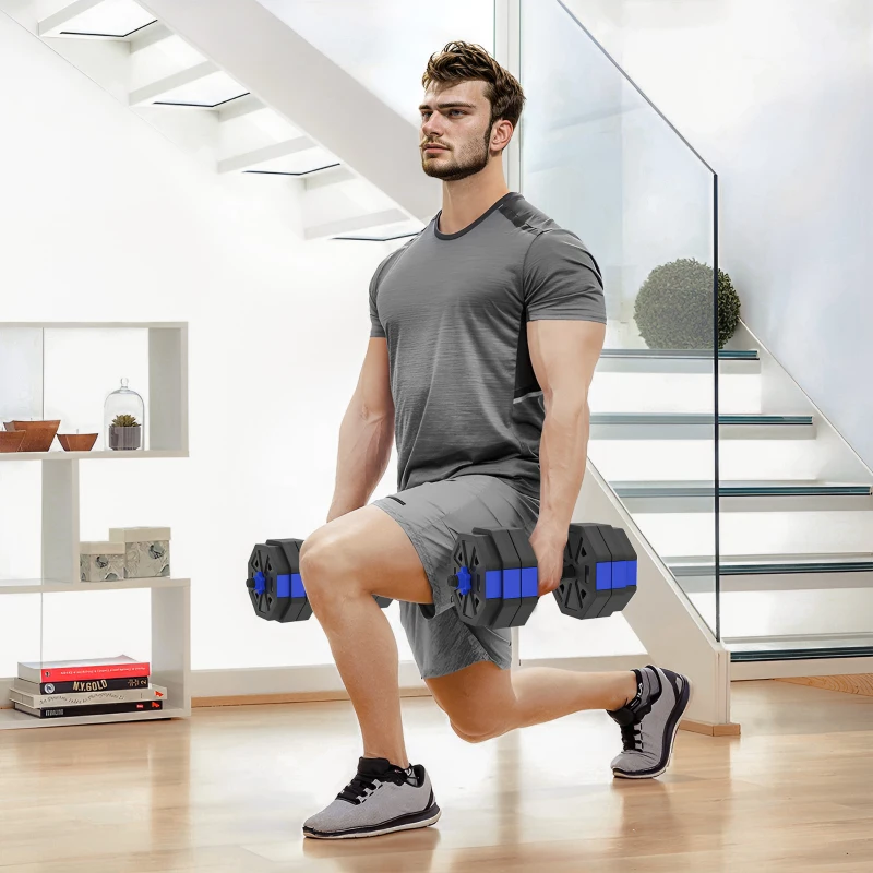 SPORTNOW Juego de Mancuernas Musculación 6-en-1 Mancuerna Ajustable 30 kg Kettlebell, Barra de Musculación Soporte para Flexiones Azul