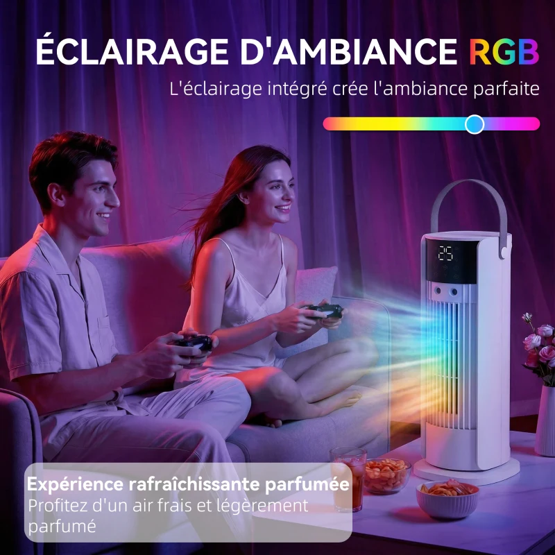 HOMCOM Ventilateur de table colonne avec brumisateur et éclairage RGB, ventilateur de bureau 3 vitesses, oscillation 90°, blanc
