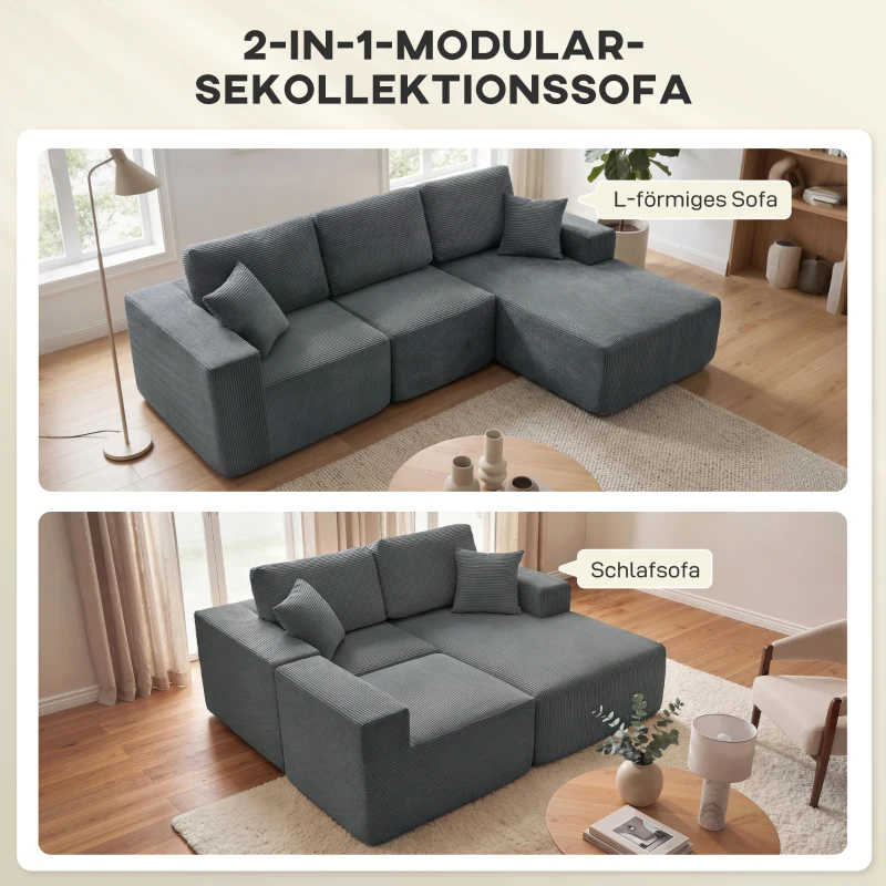 HOMCOM Modulares Ecksofa, L-förmiges Sofa-Bett mit tiefem Sitz, breiten Armlehnen, 2 Kissen, Dunkelgrau