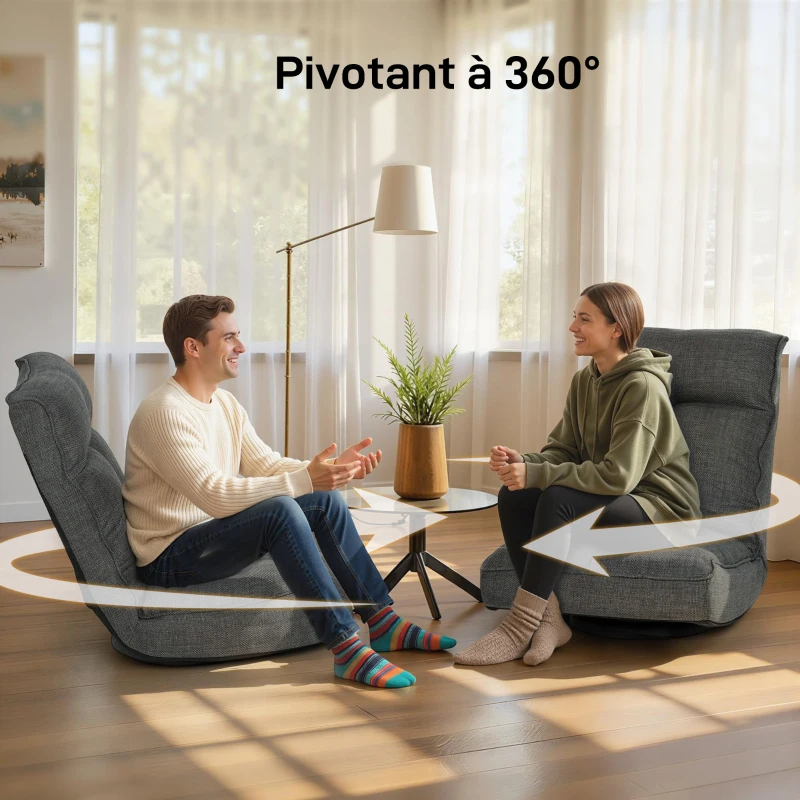 HOMCOM Fauteuil de sol pliable pivotant à 360°, chaise de sol rembourré avec dossier réglable en 5 positions, 58x107x79cm, gris