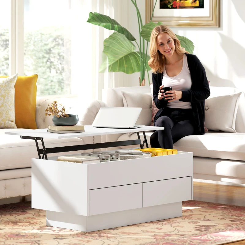 HOMCOM Table basse relevable, table de salon avec compartiment caché et 2 tiroirs, 100 x 50 x 44 cm, blanc