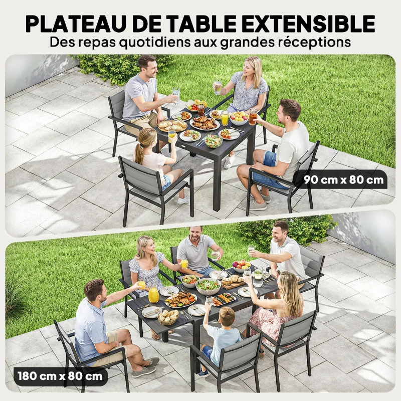 Outsunny Salon de Jardin 7 Pièces Table Extensible Aluminium 6 Chaises Empilables Textilène Rembourré 90/180 x 80 x 75 cm Gris