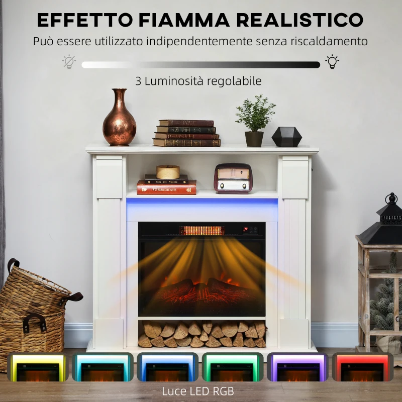 HOMCOM Camino Elettrico 1800W Regolabile con Fiamma 3D, Ripiano, Timer e Telecomando, 105x27x97 cm, Bianco