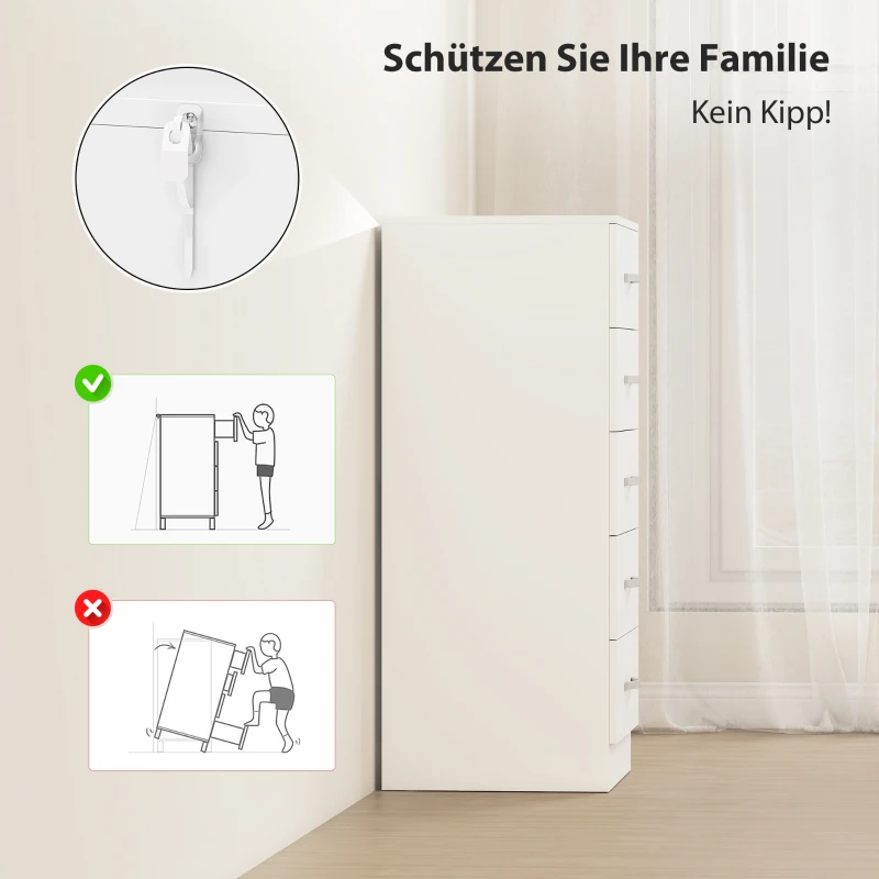 HOMCOM Kommode mit 5 Schubladen, Schubladenschrank für Kleidung und Utensilien, Spanplatte, Weiß