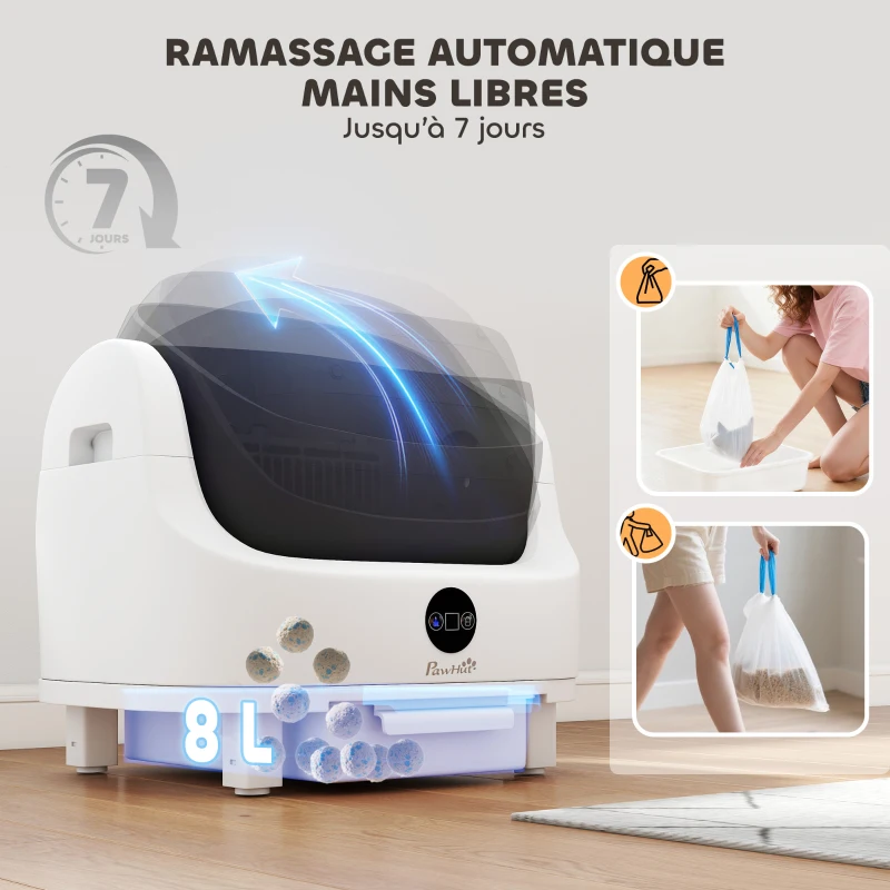 PawHut Litière chat autonettoyante bac à litière pour chat automatique ouvert isolation des odeurs/protection de sécurité blanc
