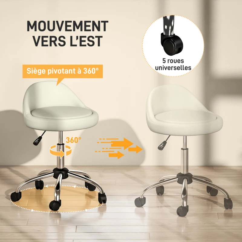 HOMCOM Tabouret à roulettes tabouret de travail pivotant 360° hauteur réglable 53-73 cm revêtement synthétique blanc