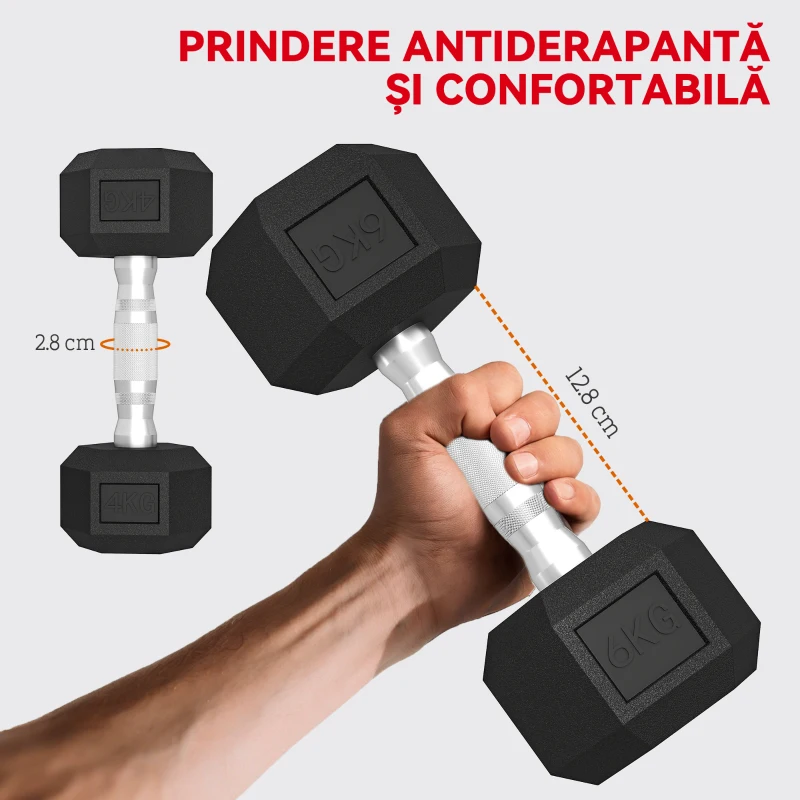 SPORTNOW Set de Gantere pentru Sala de Fitness cu Suport, 2x4kg, 2x6kg, 2x8kg, Greutăți Hexagonale din Metal cu Mâner Antiderapant, Antrenament de Forță Acasă, Negru