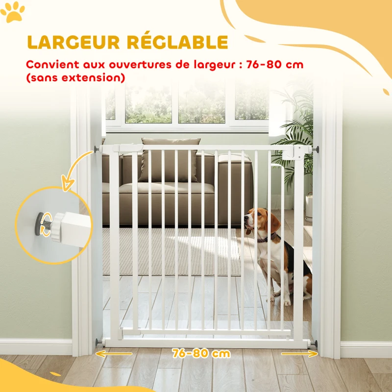 PawHut Barrière de sécurité pour chiens et bébés 76 à 80 cm avec extension fixation par pression sans perçage 76 à 80cm blanc