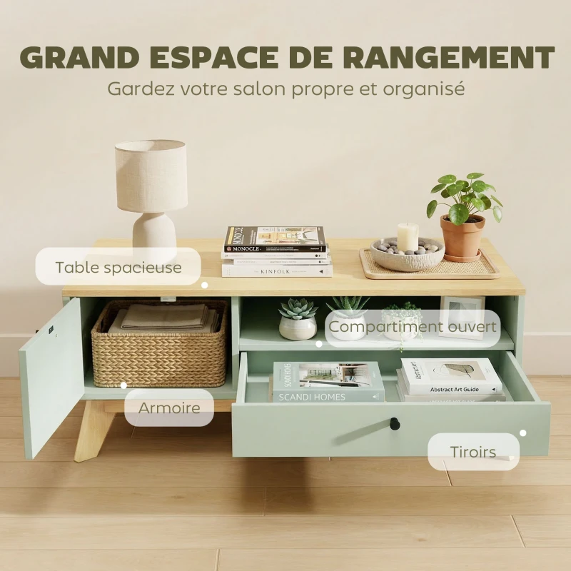 HOMCOM Table basse de salon, table d'appoint rectangulaire avec tiroir, porte et compartiment ouvert, vert clair et chêne
