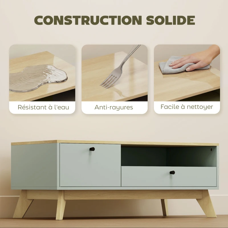 HOMCOM Table basse de salon, table d'appoint rectangulaire avec tiroir, porte et compartiment ouvert, vert clair et chêne