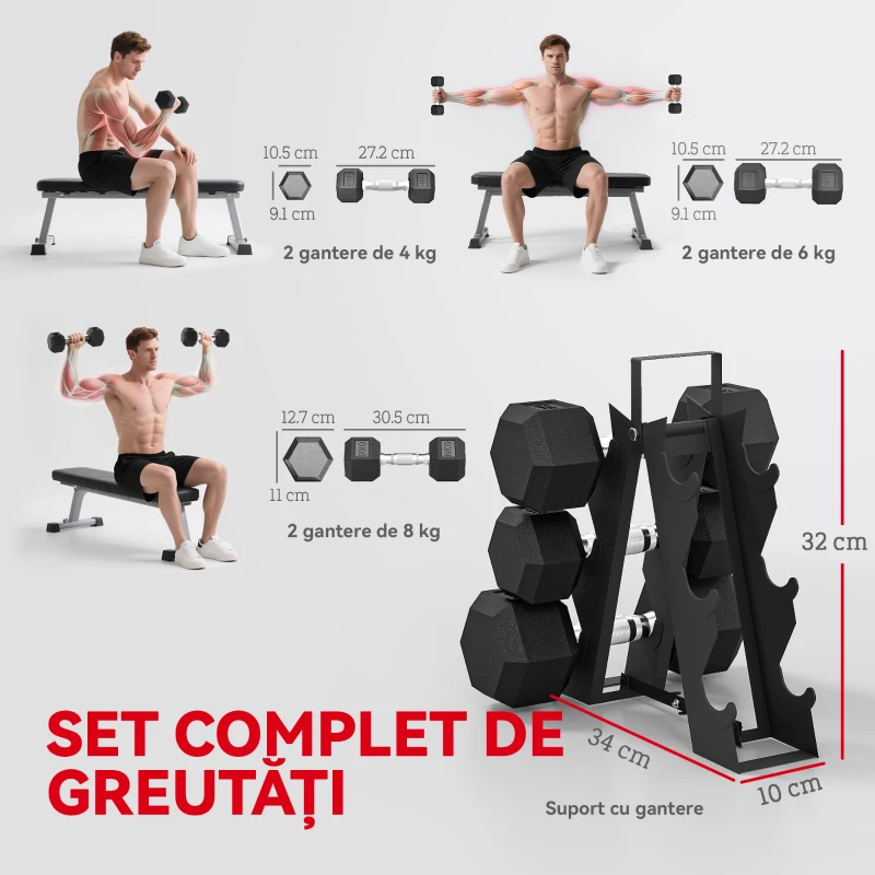 SPORTNOW Set de Gantere pentru Sala de Fitness cu Suport, 2x4kg, 2x6kg, 2x8kg, Greutăți Hexagonale din Metal cu Mâner Antiderapant, Antrenament de Forță Acasă, Negru