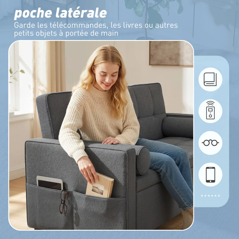HOMCOM Canapé convertible 2 places 3 en 1 canapé-lit avec lit gigogne double dossier réglable 2 coussins 80,5x137,5x84cm gris