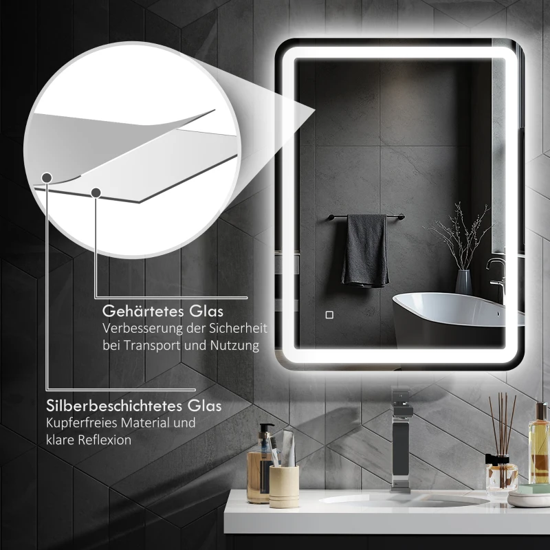 HOMCOM Badezimmerspiegel, beleuchtet, Touch-Steuerung, beschlagfrei, dimmbar, 3 Lichtfarben, 60 x 80, Silber