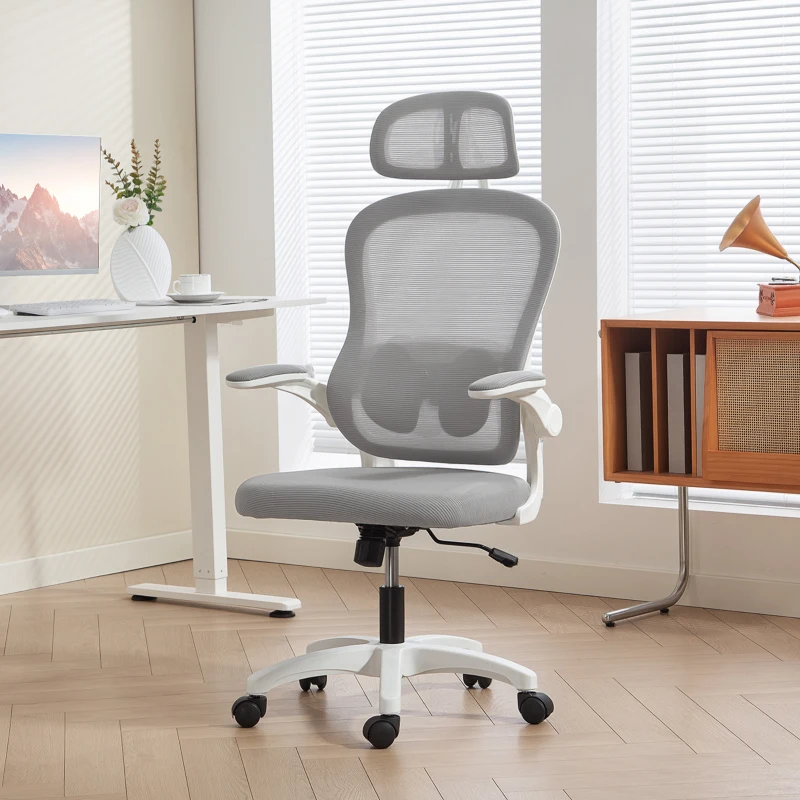 HOMCOM Chaise Bureau Ergonomique, Fauteuil de Bureau en Maille avec Accoudoirs Rabattables, Hauteur Réglable, 64x62x115cm, Gris