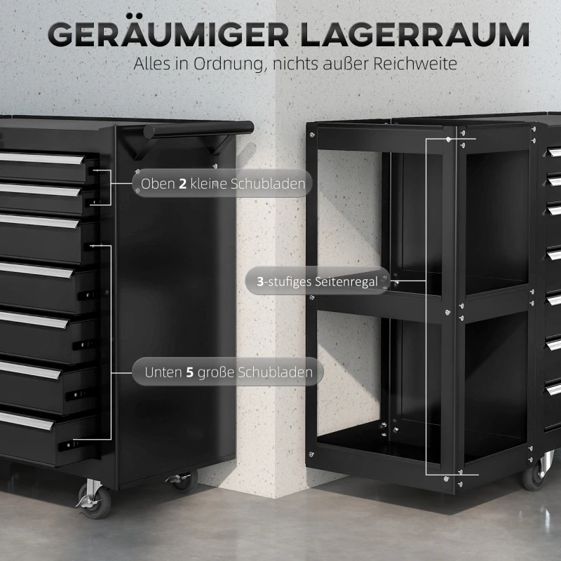 HOMCOM Werkstattwagen Werkzeugwagen mit 7 Schubladen abnehmbar Seitenregal 4 Rollen mit Feststellbremse, 96x33,5x75cm, Schwarz