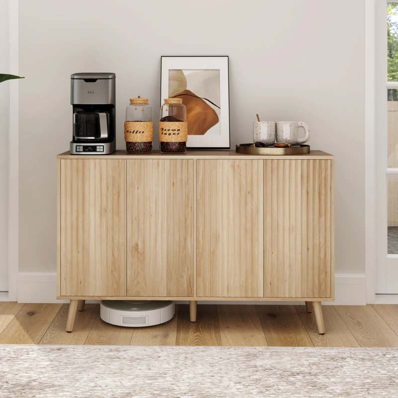 HOMCOM Buffet salon, meuble de rangement avec 4 portes cannelés à ouverture par pression 120 x 35 x 77,5 cm, chêne