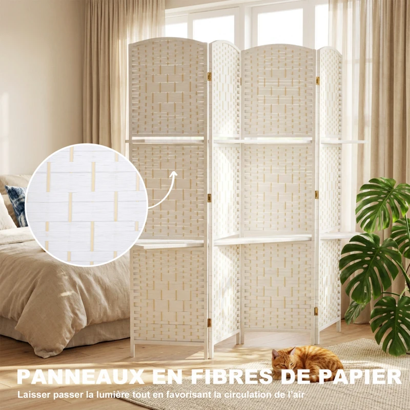 HOMCOM Paravent séparateur de pièce 4 panneaux 160 x170 cm avec 2 étagères, pliable, en bois