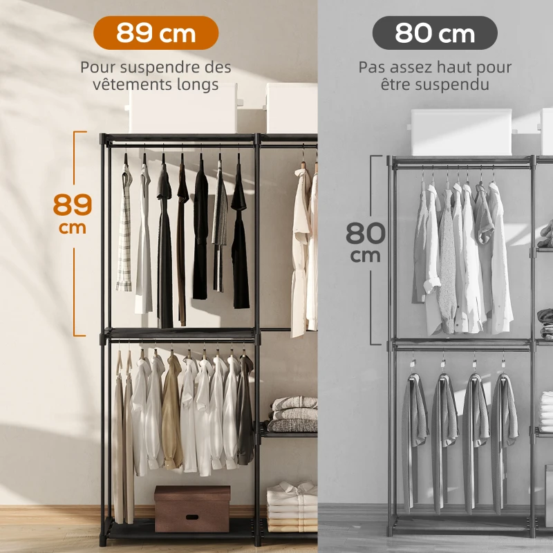 HOMCOM Armoire de rangement, penderie portable avec 2 barres de suspension et 6 étagères, 111 x 43 x 185 cm, noir