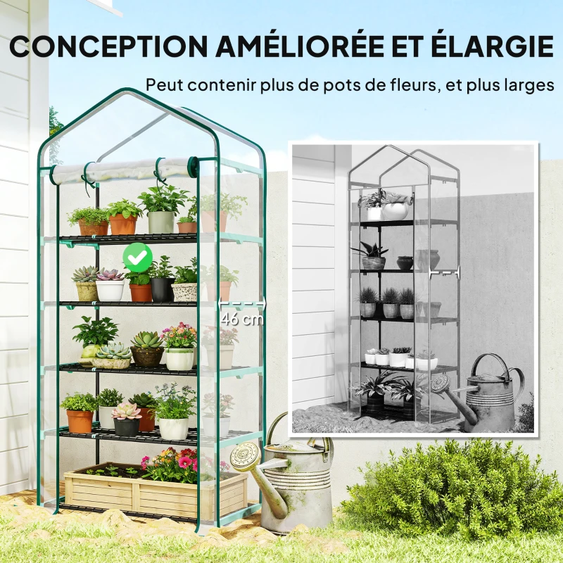 Outsunny Serre de jardin PVC avec étagères 5 niveaux, serre de balcon, châssis en acier, porte zippée, 90x49x193cm, transparent