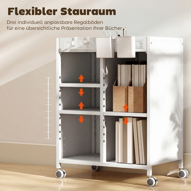 HOMCOM Bücherregal auf Rollen, 4-stufig, verstellbare Regalböden & Hängekörbe für Home Office und Wohnzimmer, Weiß