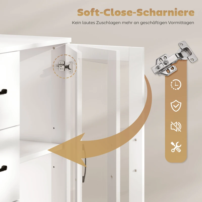 HOMCOM Modernes Sideboard mit Soft-Close-Türen, Buffetschrank mit 3 Schubladen, 2 Glastüren, verstellbare Regale, MDF, Weiß