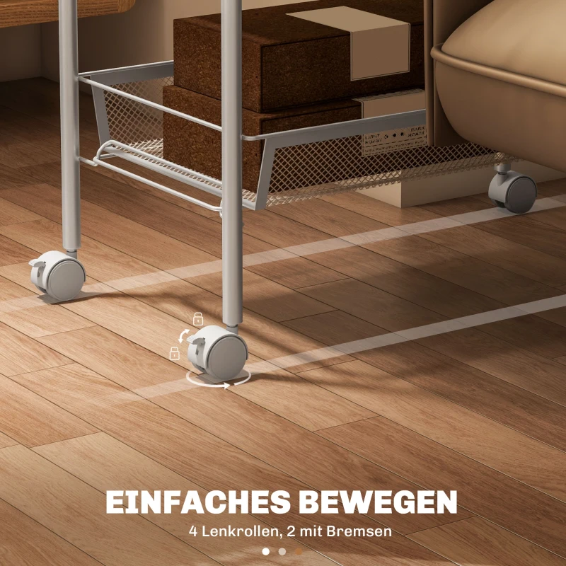 HOMCOM Küchenwagen mit 5 Drahtkörben, 4 Haken, 4 Rollen, 2 Griffe, Stahl/Kunststoff, 45x26,5x106 cm, Weiß