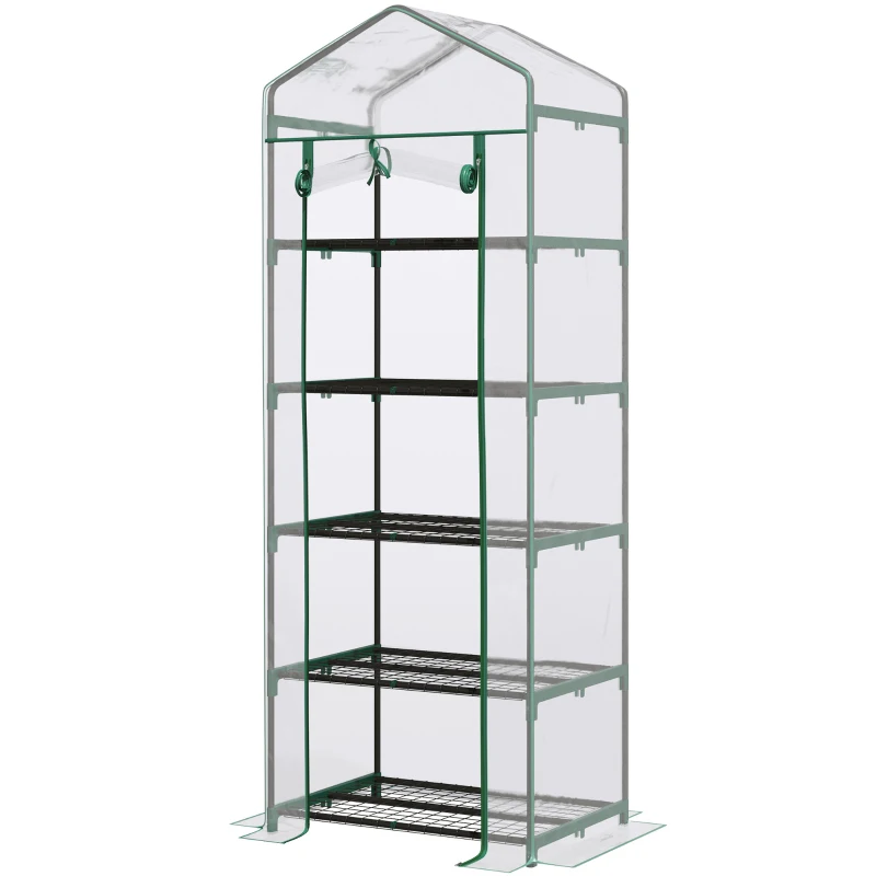 Outsunny Serre de jardin PVC avec étagères 5 niveaux, serre de balcon, bâche renforcée 135 g/m², châssis en acier, porte zippée enroulable, pour légumes plantes fleurs, 69 x 49 x 193 cm, transparent