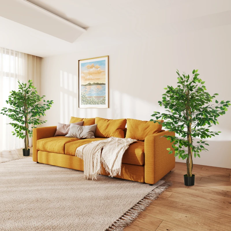 HOMCOM Lot de 2 plantes artificielles ficus hauteur 1,50 m tronc branches liane lichen feuilles grand réalisme pot inclus vert