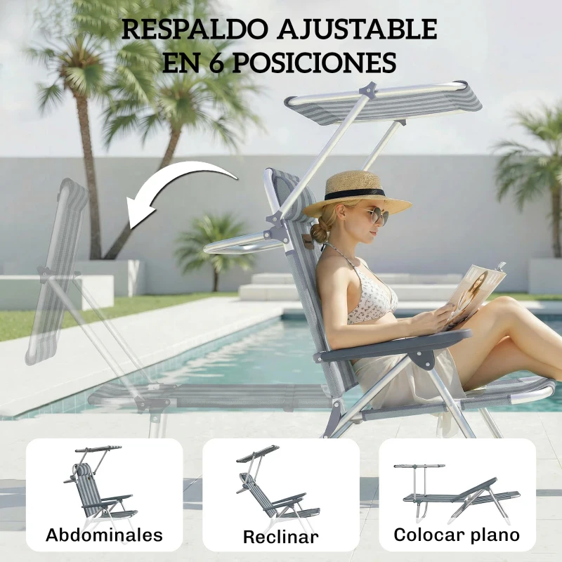 Outsunny Juego de 2 Sillas de Playa Plegables con Dosel Ajustable Respaldo Reclinable 6 Posiciones Reposacabezas Azul y Blanco