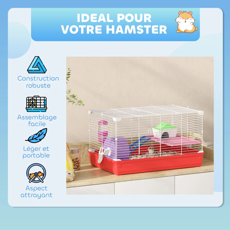 PawHut Cage hamster, cage rongeur à 2 niveaux, base amovible nettoyage facile, cabane, roue d'exercice, 47 x 30 x 27 cm, blanc