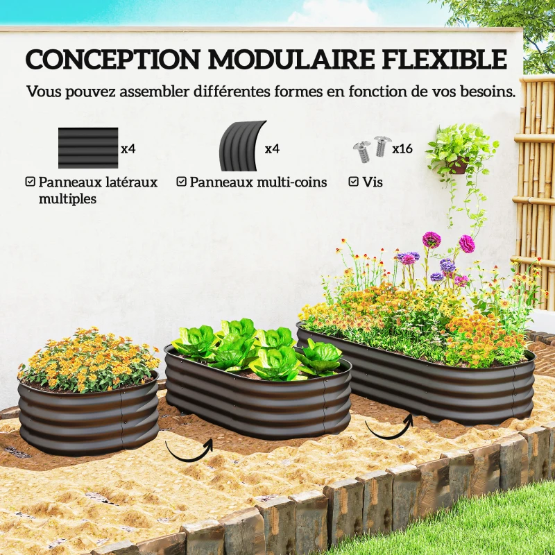 Outsunny Jardinière surélevée carré potager de jardin en acier modulable légumes, plantes, fleurs, dim. 150 x 62 x 30 cm gris