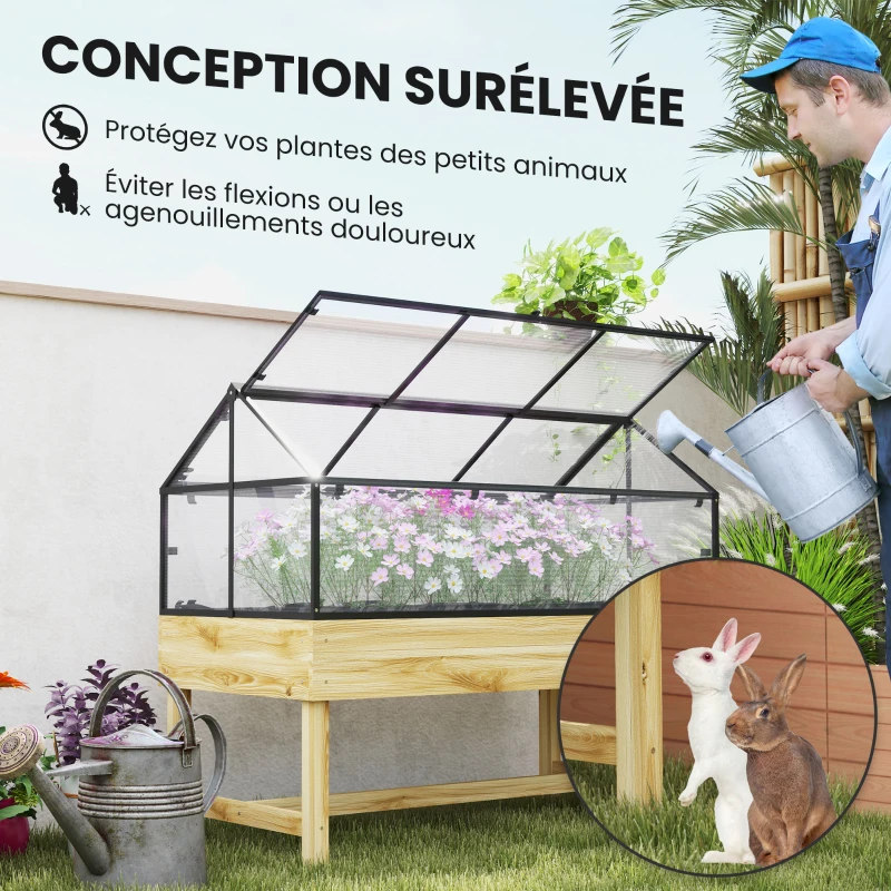 Outsunny Mini Serre sur Pieds dim.  120L x 60l x 103H cm double toit ouvrable Panneaux de Polycarbonate, acier, Bois Sapin traité