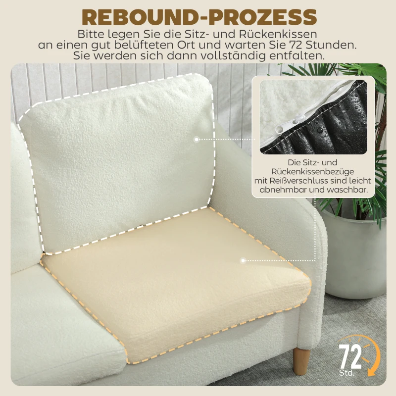 HOMCOM Sofa 2 Sitzer kleine Couch mit Sherpa-Fleece-Optik 137 cm für Wohnzimmer Cremeweiß