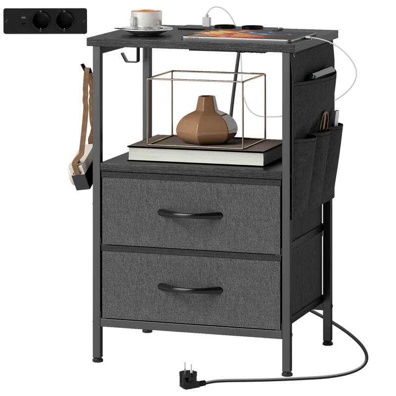 HOMCOM Couchtisch Beistelltisch mit Ladestation, Stahlrahmen, USB-C-Anschlüssen, Schubladen, Haken, 40cm x 30cm x 60cm Schwarz