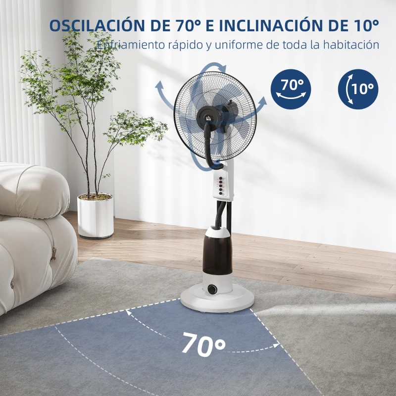 HOMCOM Ventilador Nebulizador Oscilante 90 W Tanque 2,8L 3 Velocidades 5 Aspas y Ruedas Ø44,5x120 cm Blanco