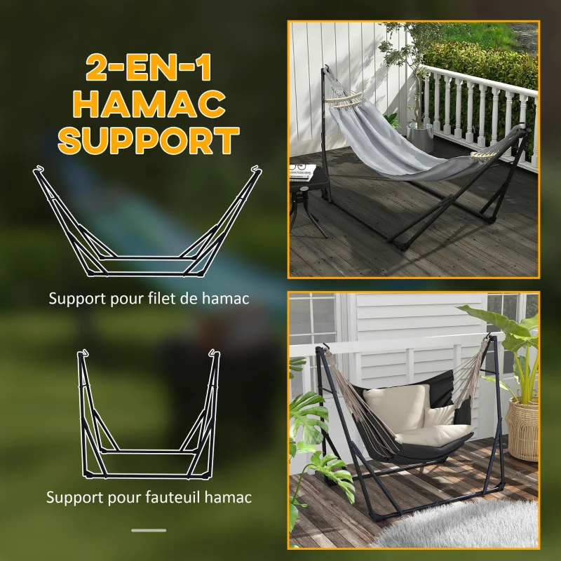 Outsunny Support avec Hamac Pliable en Acier, 2 en 1 pour Hamac ou Chaise Suspendue, Sac de Transport Inclus 268x89x100cm Gris