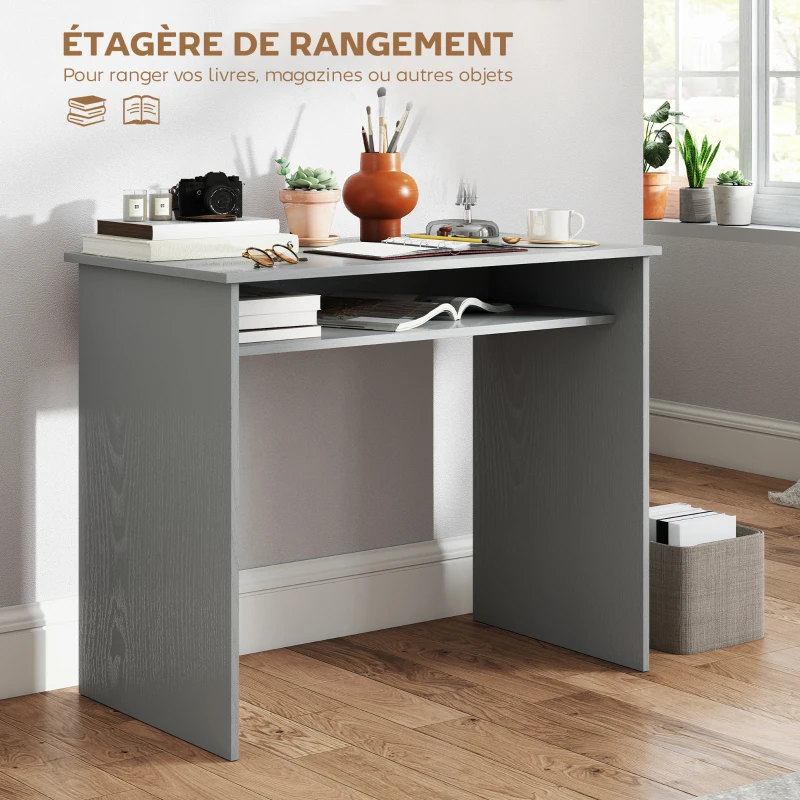 HOMCOM Bureau informatique sobre épuré compact avec 1 étagère, panneaux de particules, dim. 90l x 50P x 74H cm, gris