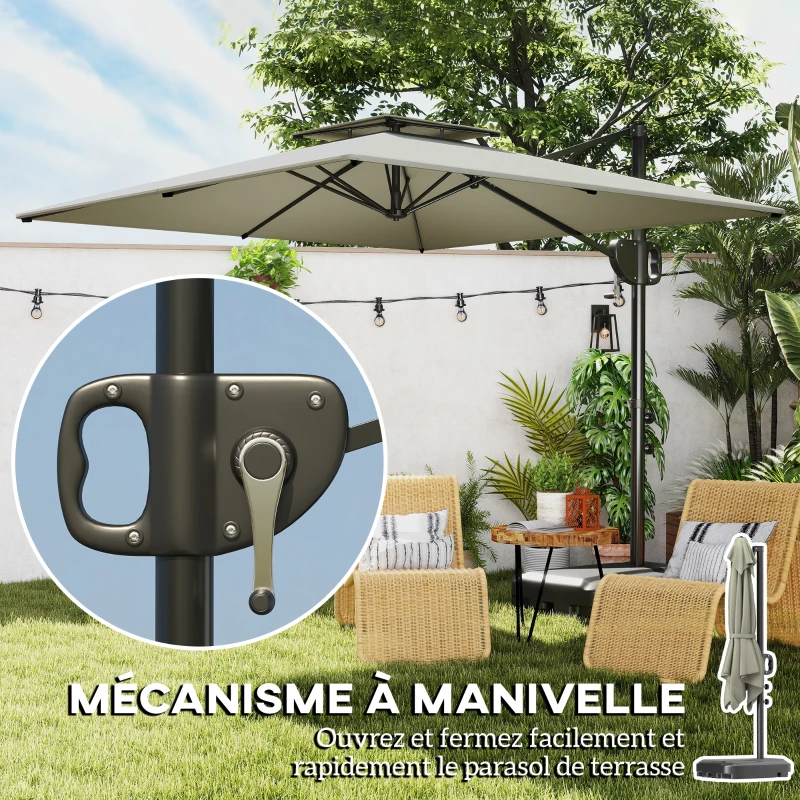 Outsunny Parasol déporté carré 2,5 x 2,5 m, parasol de jardin extérieur avec manivelle, 2 bases incluses, 8 baleines, gris clair