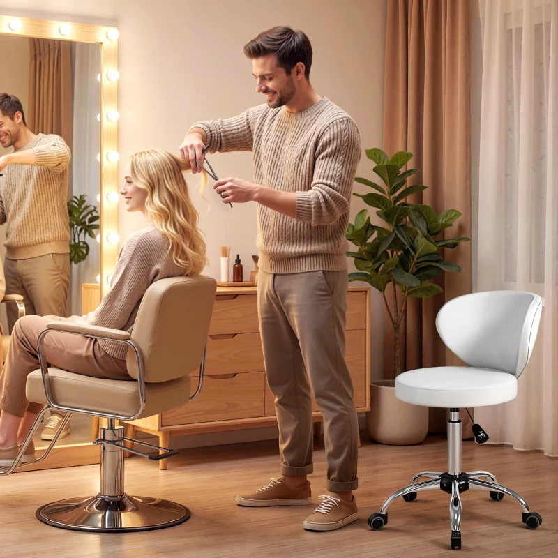 HOMCOM Tabouret à roulettes, tabouret de massage en PU avec hauteur réglable 73-88 cm et dossier, pivotant 360°, blanc