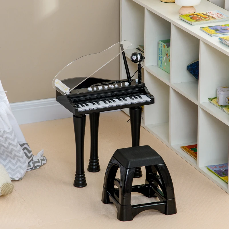 AIYAPLAY Piano enfant électronique 32 touches multifonctions avec micro haut parleur tabouret couvercle lumineux LED noir