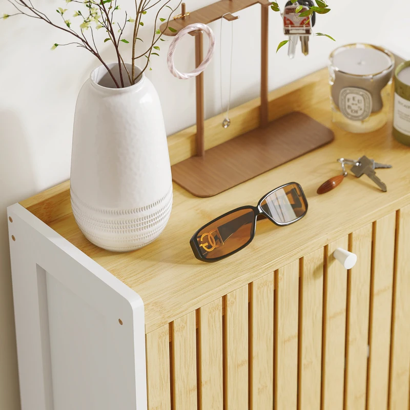 HOMCOM Meuble à chaussures 18 paires avec 3 tiroirs rabattables, portes en bambou à lattes, 60x24x118cm, blanc et bois naturel