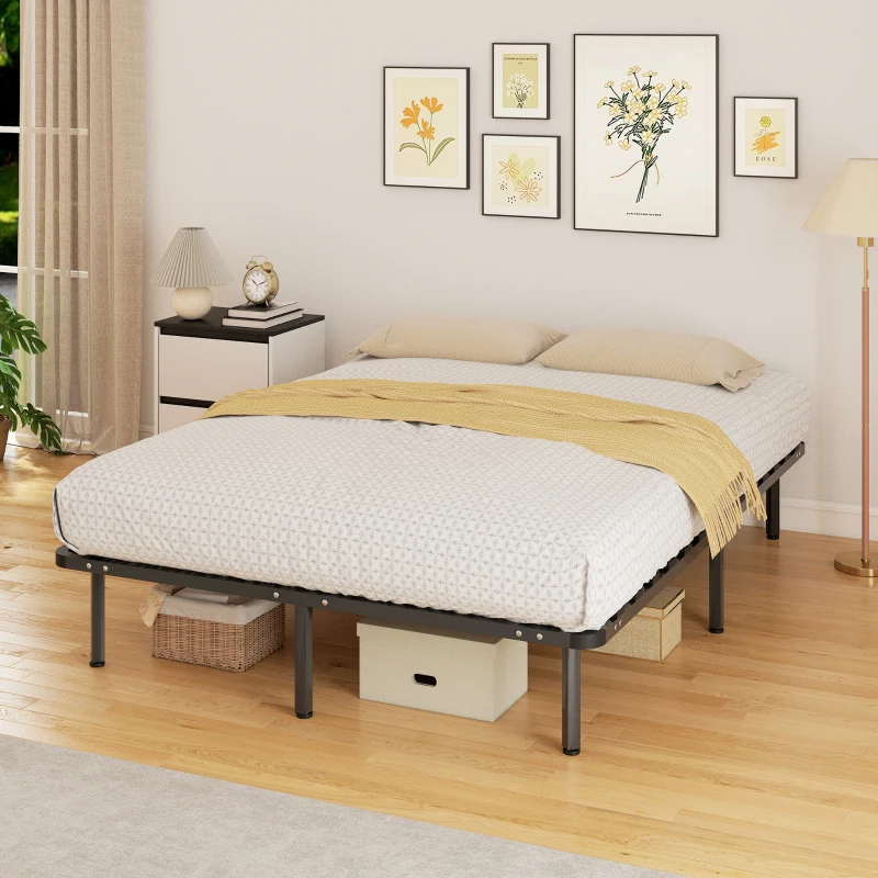 HOMCOM Cadre de lit 140 x 190 cm, lit 2 personnes avec sommier à lattes en bois massif et pied, avec rangement au-dessous, noir