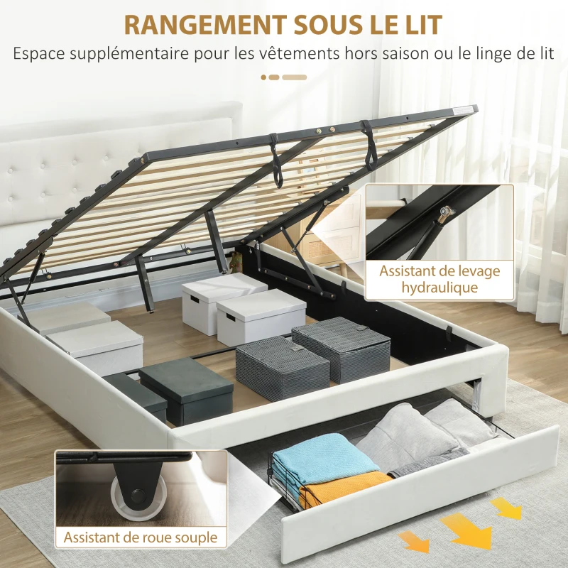 HOMCOM Cadre de lit double sommier coffre à vérins, tiroir à roulettes, tête de lit réglable capitonnée effet velours, crème