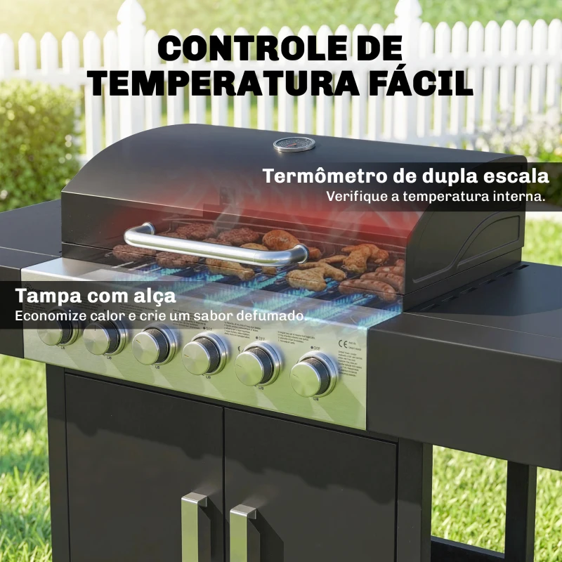 Outsunny Barbecue a Gás Barbeceu com 6 Queimadores 15 kW Termómetro 2 Prateleiras Laterais eArmário 135x51x101 cm Preto