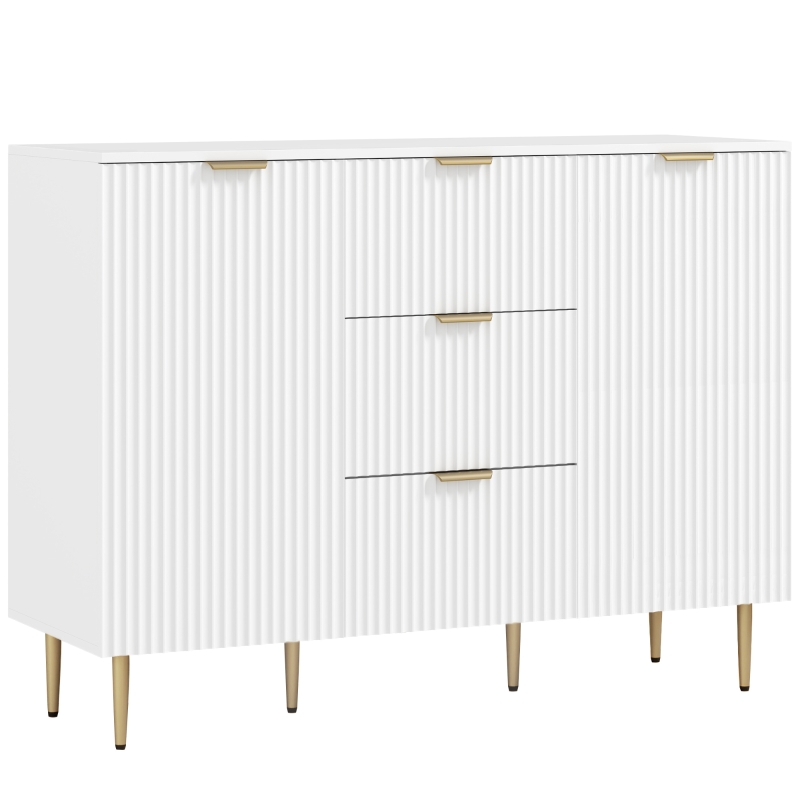HOMCOM Buffet meuble cuisine rangement avec 3 tiroirs, étagères réglables, placards à portes cannelées, 120 x 40 x 90 cm, blanc